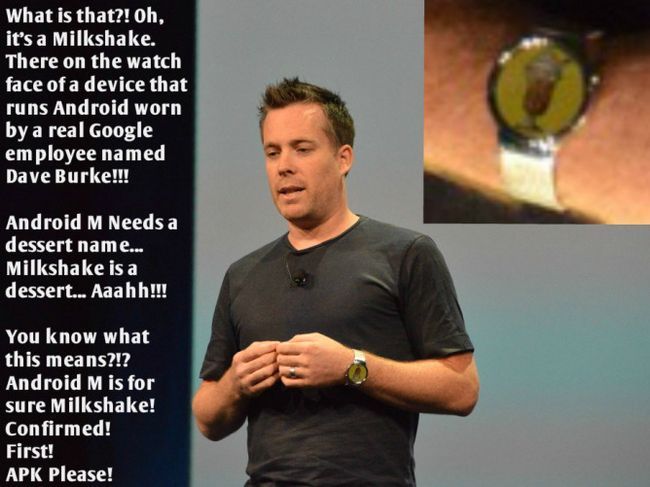 Fotografía - [I / O 2015] Dave Burke habille Android Wear montre avec une image d'un milk-shake sur lui durant / S Présentation I - Freaks Internet Out